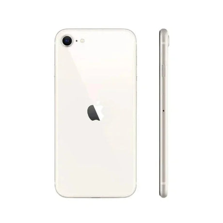 The Apple iPhone SE 2022 3rd Gen 64GB Starlight Unlocked (AU STOCK) shows its slim profile, single rear camera, and Apple logo—an ideal everyday smartphone with visible side volume buttons. Brand: Apple.