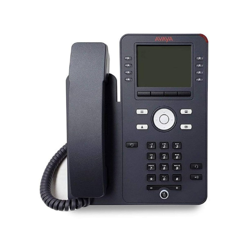 The Avaya J169 IP PoE Desk Phone | Wty by Avaya features a digital display, keypad, navigation buttons, and a coiled cord—perfect for unified communications in any office.