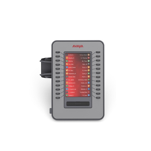 The Avaya JEM24 Expansion Module 700514337 (24 Button, fits J169/J179), gray and certified refurbished, features a digital display with contact names, colored icons, and multiple physical buttons on both sides of the screen.