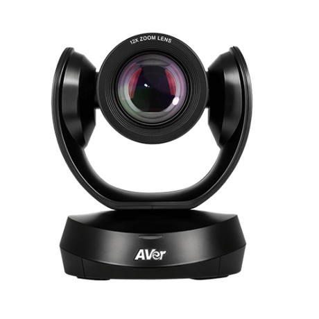 The AVer CAM520 Pro Professional PTZ Conference Camera 1080p features a large 12X zoom lens and is mounted on a U-shaped swivel base, making it an ideal, modern solution for office or meeting room video conferencing.