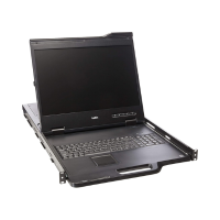 The Belkin F1DC108H 19" Rack Console 8-Port KVM Switch (1U) is shown open and angled right, featuring a built-in monitor, keyboard, and touchpad—ideal for efficient server management in data centers.