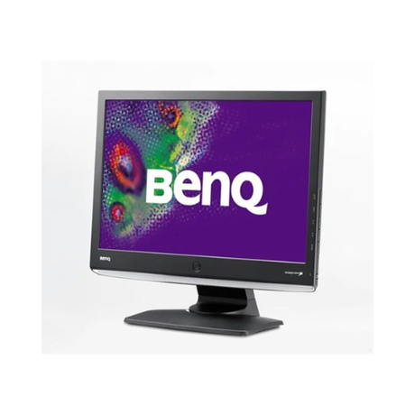 A Certified Refurbished BENQ E900W 19" 1440x900 5ms 16:10 VGA DVI-D LCD Monitor with black frame and stand displays a colorful background with the BenQ logo in white text on screen.