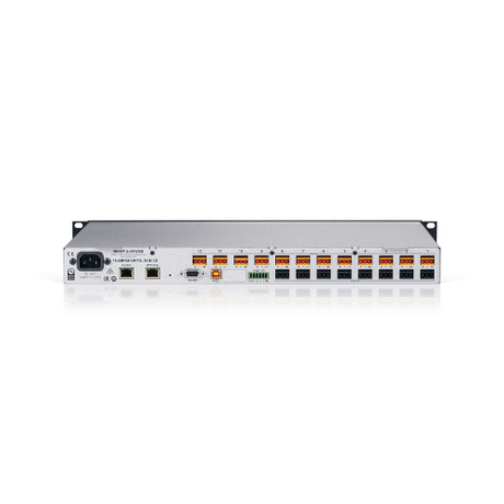 The NEC Biamp Tesira Forte AVB CI Digital Signal Processor | Wty features multiple Ethernet ports, indicator lights, and diverse input/output connections, shown mounted on a white background.