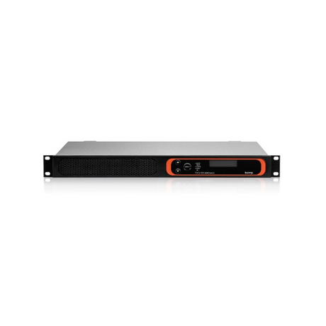 The NEC Biamp Tesira Forte DAN CI Digital Signal Processor | Wty is a black and orange rack-mounted device with a mesh front panel, display, buttons, indicator lights, and Dante audio networking, shown isolated on a white background.