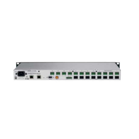 The NEC Biamp Tesira Forte DAN CI Digital Signal Processor is a 1U rack-mounted unit with green and black Ethernet ports, LED indicators, power input, and Dante interfaces—perfect for connecting Dante audio networking devices.