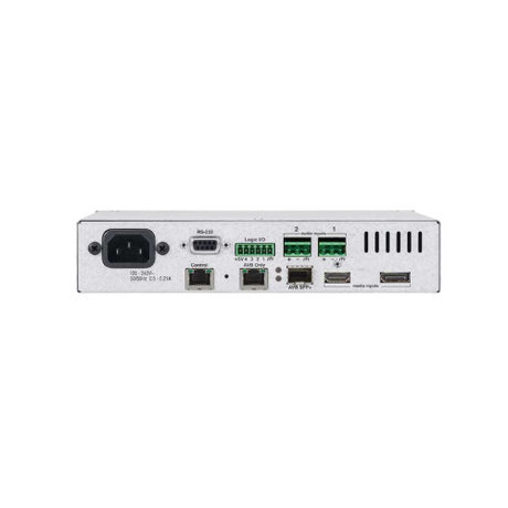 The image displays the rear panel of the silver NEC Biamp TesiraLUX IDH-1 AVB/TSN Video Encoder | Wty, showing ports for power, USB, Ethernet, serial, audio inputs, and labeled terminals against a plain background.