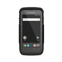 The Honeywell Dolphin CT60-L1N 4G LTE rugged scanner features a touchscreen, black protective casing, 32GB storage, and displays Android icons. This enterprise device is certified refurbished and comes with warranty.