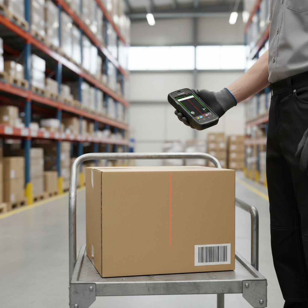 In a warehouse, a gloved worker scans a box using the Honeywell Dolphin CT60-L1N 4G LTE Rugged Scanner 32GB, surrounded by shelves and packages.
