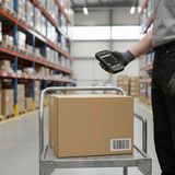 In a warehouse, a gloved worker scans a box using the Honeywell Dolphin CT60-L1N 4G LTE Rugged Scanner 32GB, surrounded by shelves and packages.