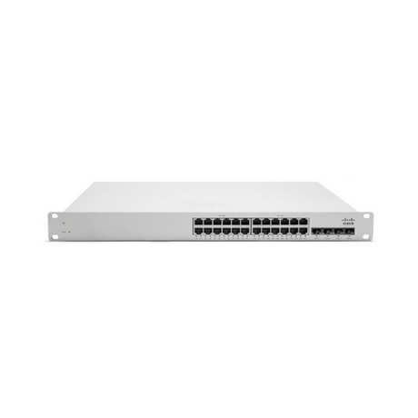 A front view of the Cisco Meraki MS220-24P 24-Port Gigabit PoE+ Managed Switch 370W by Cisco, featuring multiple Ethernet ports and indicator lights in a slim white rectangular casing.