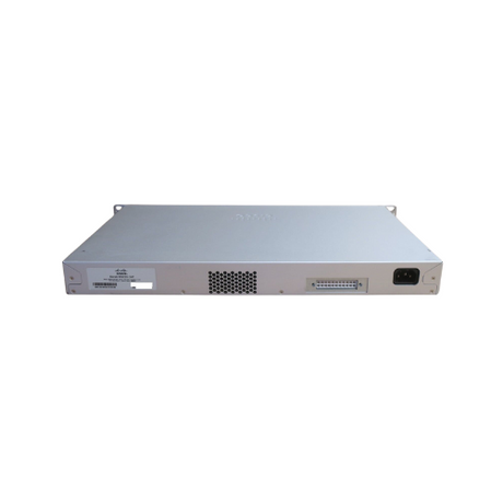 A front view of the Cisco Meraki MS220-24P 24-Port Gigabit PoE+ Managed Switch (370W), featuring vents, multiple ports, and a power socket in a rectangular silver rack-mountable design against a plain white background.