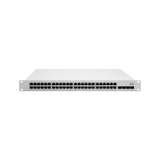 A front view of an unclaimed Cisco Meraki MS225-48LP 48-Port Gigabit PoE+ switch, cloud-managed and rack-mountable in a white 1U enclosure with four extra ports on the right.