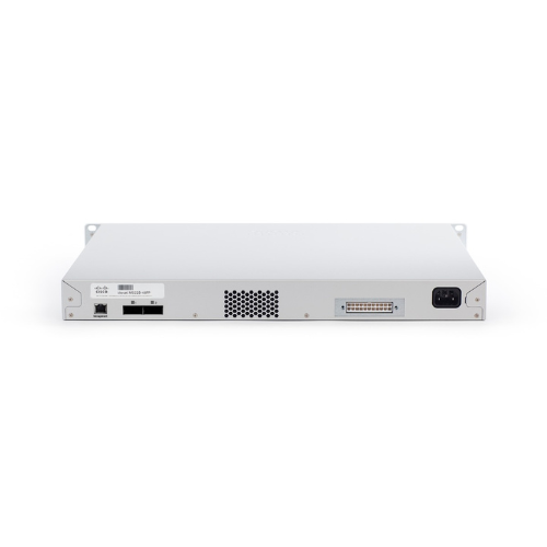 Rear view of an unclaimed Cisco Meraki MS225-48LP 48-Port Gigabit PoE+ switch showing Ethernet ports, serial port, ventilation holes, power supply socket, and rack-mount brackets on both sides.