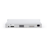 Rear view of an unclaimed Cisco Meraki MS225-48LP 48-Port Gigabit PoE+ switch showing Ethernet ports, serial port, ventilation holes, power supply socket, and rack-mount brackets on both sides.