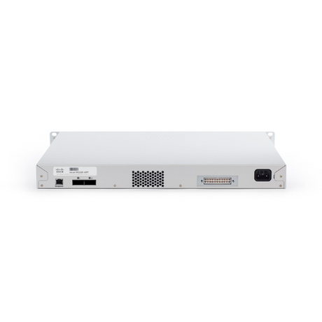 Rear view of an unclaimed Cisco Meraki MS225-48LP 48-Port Gigabit PoE+ switch showing Ethernet ports, serial port, ventilation holes, power supply socket, and rack-mount brackets on both sides.