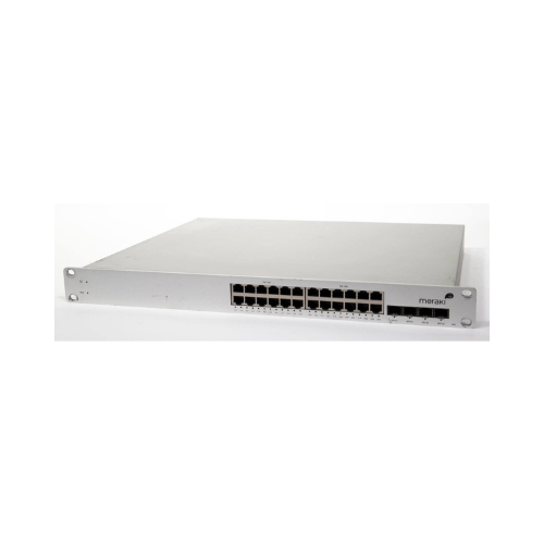 A certified refurbished Cisco Meraki MS22P-HW 24-Port Gigabit PoE+ Managed Switch with 4 SFP uplink ports is shown, rack-mountable and silver, featuring the Meraki logo on the right of the front panel.