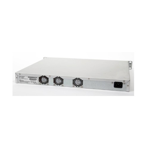 A certified refurbished Cisco Meraki MS22P-HW 24-Port Gigabit PoE+ Managed Switch with 4x SFP ports is shown on a plain white background, displaying ventilation grills, cooling fans, power socket, and product labels on the rear panel.