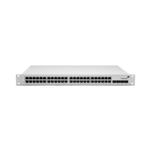 Front view of a certified refurbished Cisco Meraki MS42P-HW 48Port PoE+ Gigabit + 4x10GbE SFP+ switch with status LEDs in a rectangular, rack-mountable metal case. Brand: Cisco Meraki.