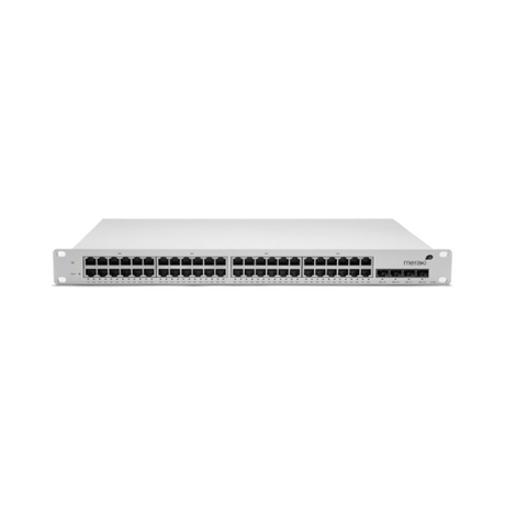 Front view of a certified refurbished Cisco Meraki MS42P-HW 48Port PoE+ Gigabit + 4x10GbE SFP+ switch with status LEDs in a rectangular, rack-mountable metal case. Brand: Cisco Meraki.