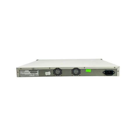 Rear view of a certified refurbished Cisco Meraki MS42P-HW 48-Port PoE+ Gigabit switch, showing cooling fans, power switch, input socket, and technical label, isolated on white. Includes warranty.
