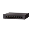 The Cisco SG110D-08HP is a black 8-port Gigabit PoE unmanaged desktop switch with indicator lights, ideal for connecting multiple wired network devices.