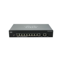 A Cisco SRW2008-K9 SG300-10 8-Port Gigabit Managed Switch is shown on a plain white background, featuring the Cisco logo on top. With eight Ethernet ports, it’s ideal as a business network switch.