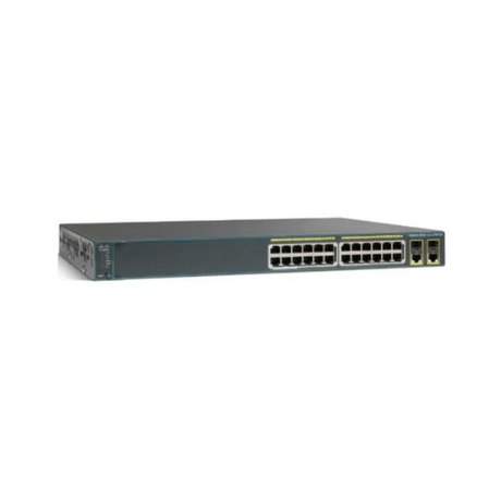 A certified refurbished Cisco WS-C2960+24LC-L Catalyst 24-Port 10/100 PoE switch by Cisco, in a rack-mountable metal case with 2 extra right-side ports, is displayed against a white background.