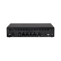 The black Cradlepoint AER1600 LTE Router features 5xGbE ports, WiFi-5 dual-band, and integrated LTE. It has a vented top panel, front control knobs and ports, and is photographed against a white background. Brand: Cradlepoint.