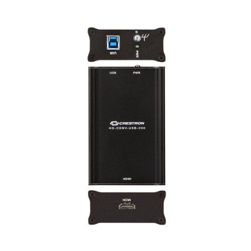 A refurbished Crestron HD-CONV-USB-200 HDMI to USB 3.0 Converter by Crestron, featuring top USB input, indicator lights, and bottom HDMI output—an ideal 1080p video capture device, shown from a top-down view.