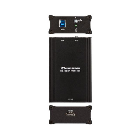 A refurbished Crestron HD-CONV-USB-200 HDMI to USB 3.0 Converter by Crestron, featuring top USB input, indicator lights, and bottom HDMI output—an ideal 1080p video capture device, shown from a top-down view.