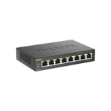 A black D-Link DGS-1008P 8-Port Gigabit PoE Unmanaged Switch with indicator lights above each port is displayed on a white background.
