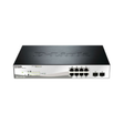 The D-Link DGS-1210-10P is a black and silver 8-Port Gigabit PoE+ Smart Managed Switch with two extra ports on the right, indicator lights on the front left, and comes with warranty.