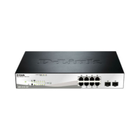 The D-Link DGS-1210-10P is a black and silver 8-Port Gigabit PoE+ Smart Managed Switch with two extra ports on the right, indicator lights on the front left, and comes with warranty.