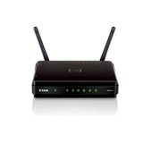 A refurbished D-Link DIR-615 Wireless N300 Router Black with Fast Ethernet and two antennas is shown against a white background.