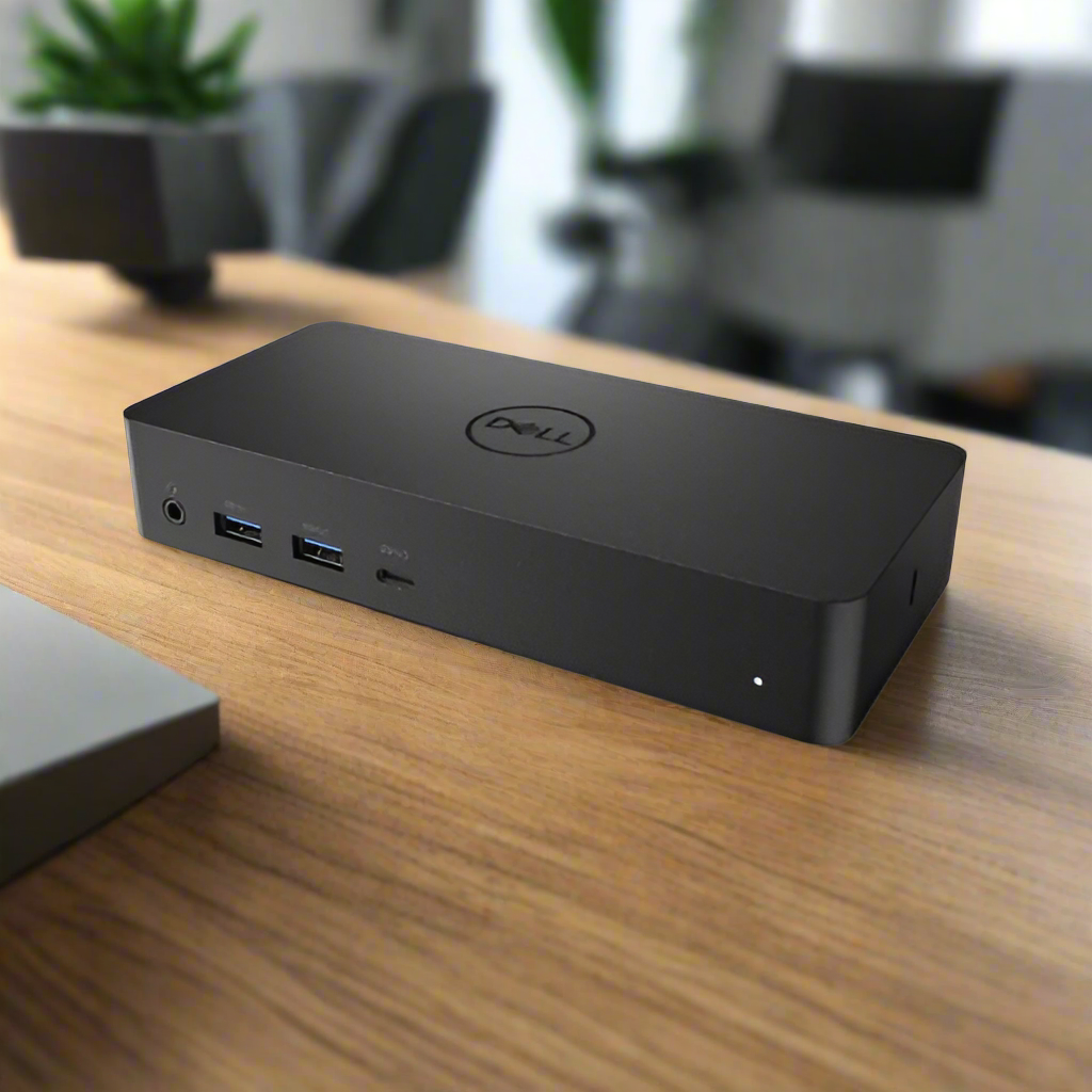A certified refurbished Dell D6000 USB 3.0 HDMI Display Ports Docking Station by Dell rests on a wooden desk with visible front ports, office furniture and potted plants blurred behind—ideal for versatile multi-monitor setups. Adapter included.