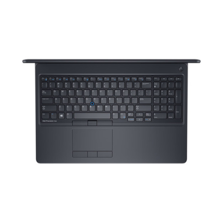 Top view of a Dell Precision 7520 i7 7820HQ laptop’s black keyboard with touchpad and dedicated trackpad buttons, centered on a white background; features function keys and a top-right power button.