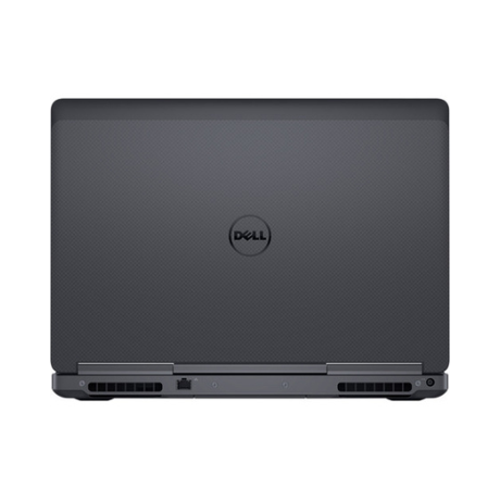 Back view of a closed Dell Precision 7520 i7 7820HQ mobile workstation in black, with the Dell logo centered and ventilation grills along the bottom edge.