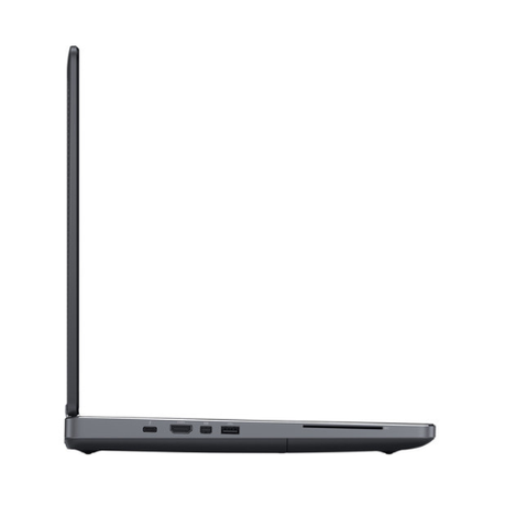 A slim Dell Precision 7520 i7 7820HQ 15.6" mobile workstation, open and viewed from the left, shows its edge profile and ports like USB, HDMI, and SD card slot against a white background.