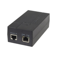 The DigiTech YN-8040 Gigabit PoE Injector is a black rectangular device with two network ports (Ethernet In and Pwr + PoE), designed to connect and power IP cameras or other devices via Power over Ethernet.