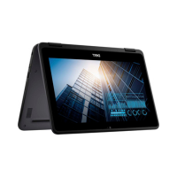 The Dell Chromebook 3100 2-in-1 N4020 2.8GHz 4GB 32GB SSD 11.6 Touch is shown in tent mode, highlighting its rugged build and versatile convertible touchscreen, with an image of tall glass buildings on display.