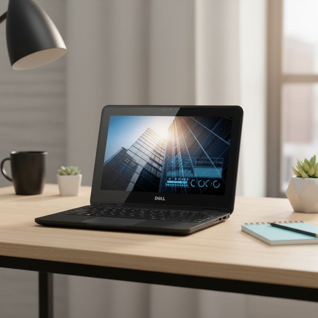 A Dell Chromebook 3100 2-in-1 N4020 sits on a wooden desk with a lamp, coffee cup, small plants, and notepad. Sunlight streams in as its 11.6