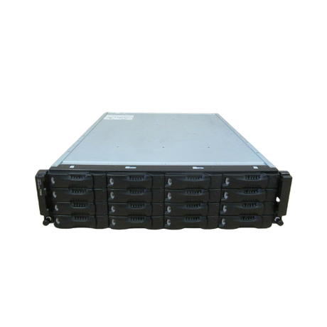 A front view of a certified refurbished Dell EqualLogic PS6000XV iSCSI SAN by Dell with 9.6TB storage (16x600GB 15K SAS), showing multiple drive bays, black metal casing, drive slots, and indicator lights.