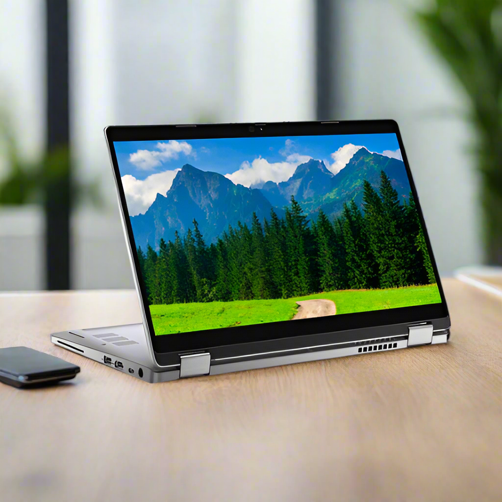 A Dell Latitude 5310 2-in-1 i7 laptop (13.3", 16GB RAM, 256GB SSD) is in tent mode on a wooden desk next to a smartphone, displaying a scenic view of pine trees and mountains against a blurred indoor background.