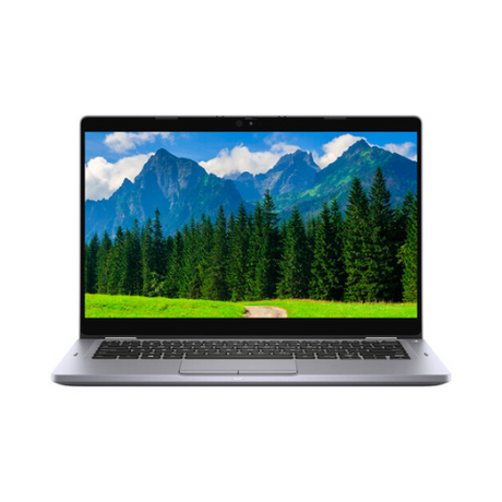 A Dell Latitude 5310 2-in-1 i7 displays vivid pine trees and tall mountains under a blue sky on its 13.3" screen, set against a white background.