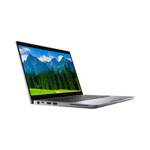 A slim, open Dell Latitude 5310 2-in-1 i7 laptop displays mountains, pine trees, and a grassy field on its 13.3" screen against a white backdrop.