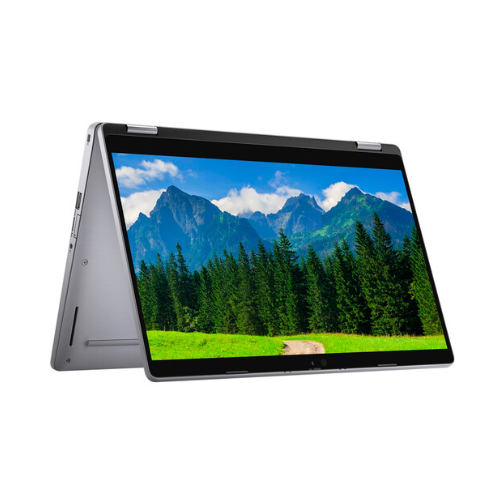 A certified refurbished Dell Latitude 5310 2-in-1 i7 10610U 16GB 256GB SSD (13.3", Silver) is shown in tent mode displaying scenic green trees and mountains under a blue sky, with visible side ports.