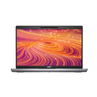 A silver Dell Latitude 5421 business laptop with its screen open, displaying an abstract orange and pink swirling pattern, powered by an Intel Core i7-11850H processor, 16GB RAM, and 512GB SSD.