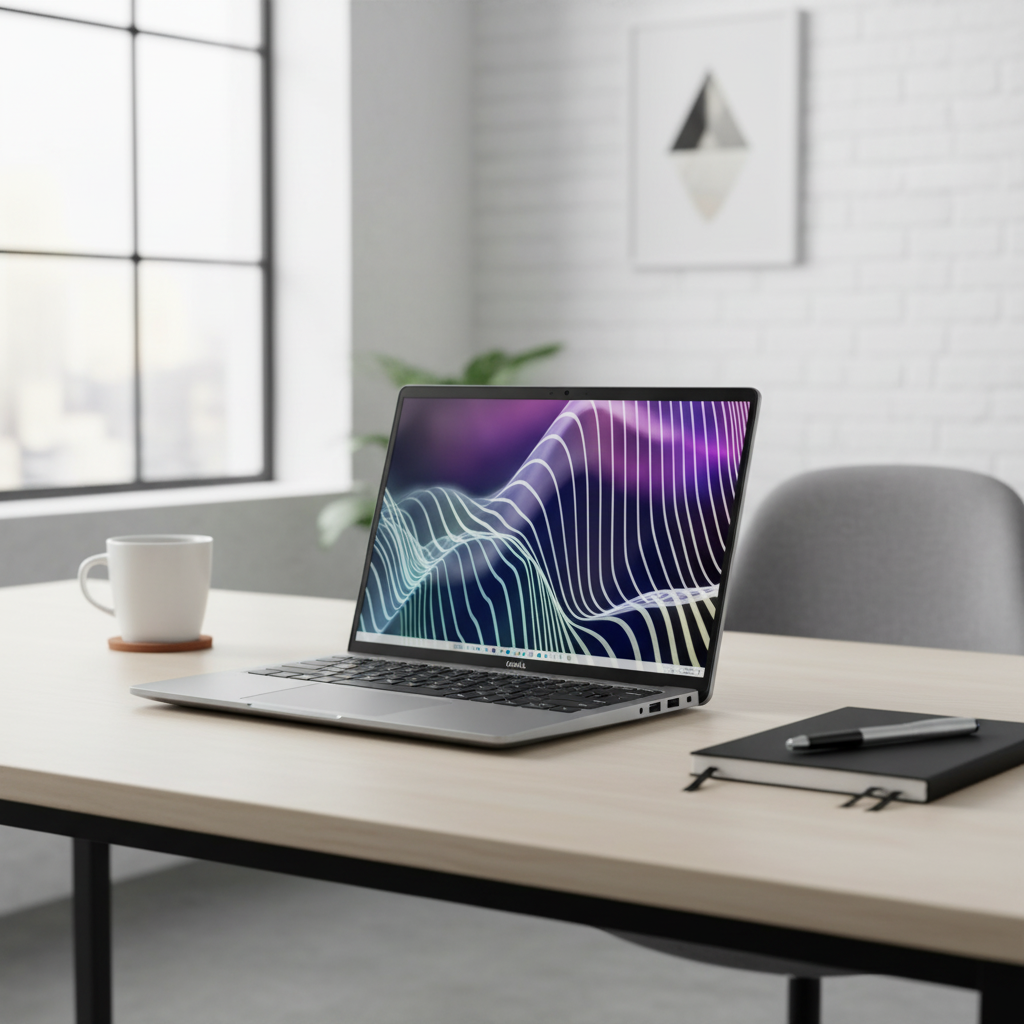 A Certified Refurbished Dell Latitude 5450 Ultra 7 155U 1.7GHz 16GB 512GB LET 14" W11P business laptop sits on a modern desk beside a coffee mug, notebook, and pen in a bright office with large windows.