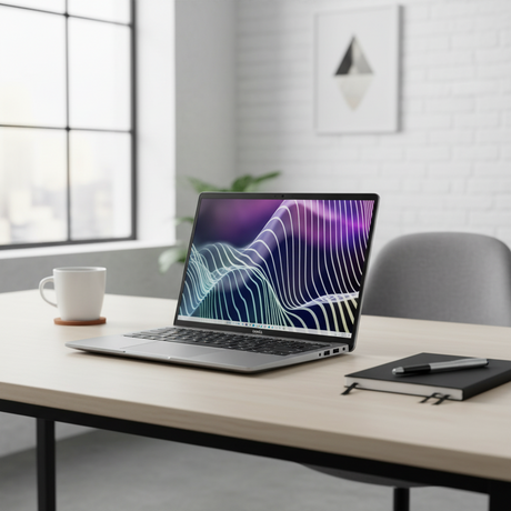 A Certified Refurbished Dell Latitude 5450 Ultra 7 155U 1.7GHz 16GB 512GB LET 14" W11P business laptop sits on a modern desk beside a coffee mug, notebook, and pen in a bright office with large windows.