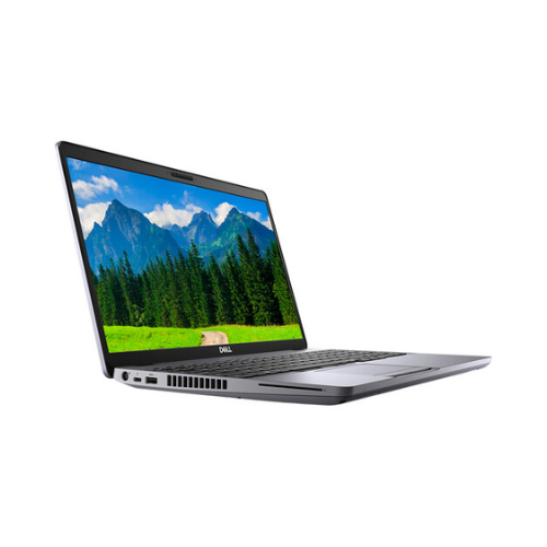 A silver Dell Latitude 5511 i7-10850H laptop by Dell is open on a white background, showing a scenic image of mountains, pine trees, and a path under a blue sky on its 15.6" display.